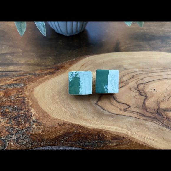 Handmade Clay Square Studs - Forest Greens Series - Picture 2 of 6
